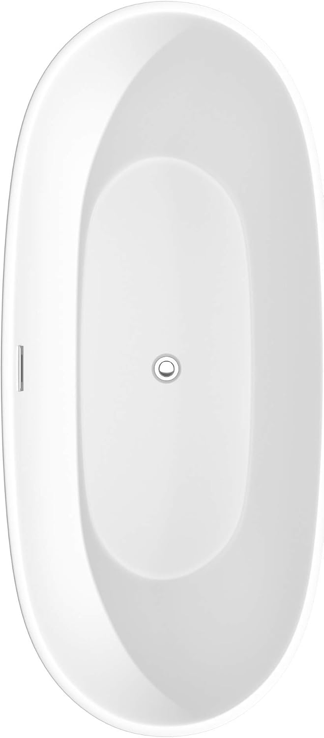 'Juno 71 Inch Freestanding Bathtub in Matte White with Floor Mounted Faucet, Drain and Overflow Trim in Polished Chrome'