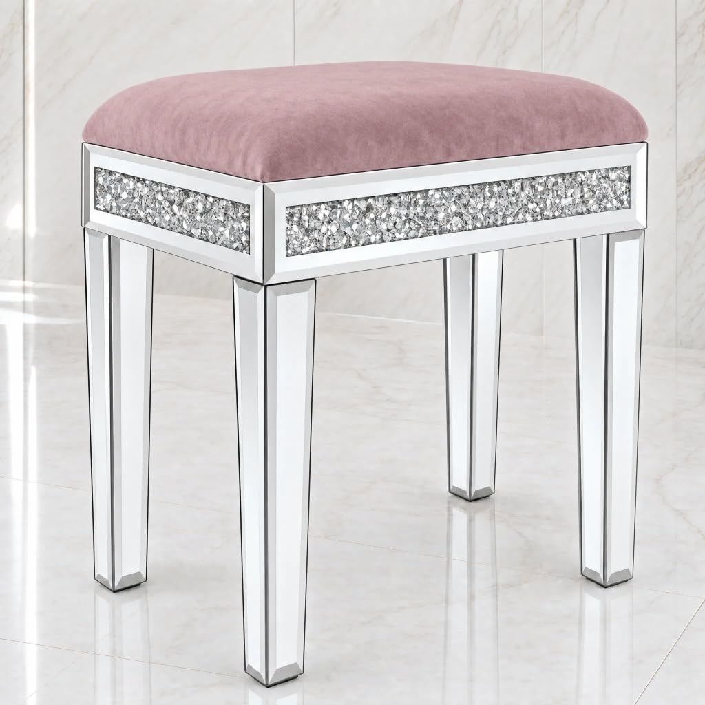Vanity Stool with Storage – Mirrored Legs, Velvet Cushioned Ottoman, Hidden Compartment, Sparkling Diamond Trim, Glam Makeup Chair & Piano Bench - Silver (Dusty-Pink)