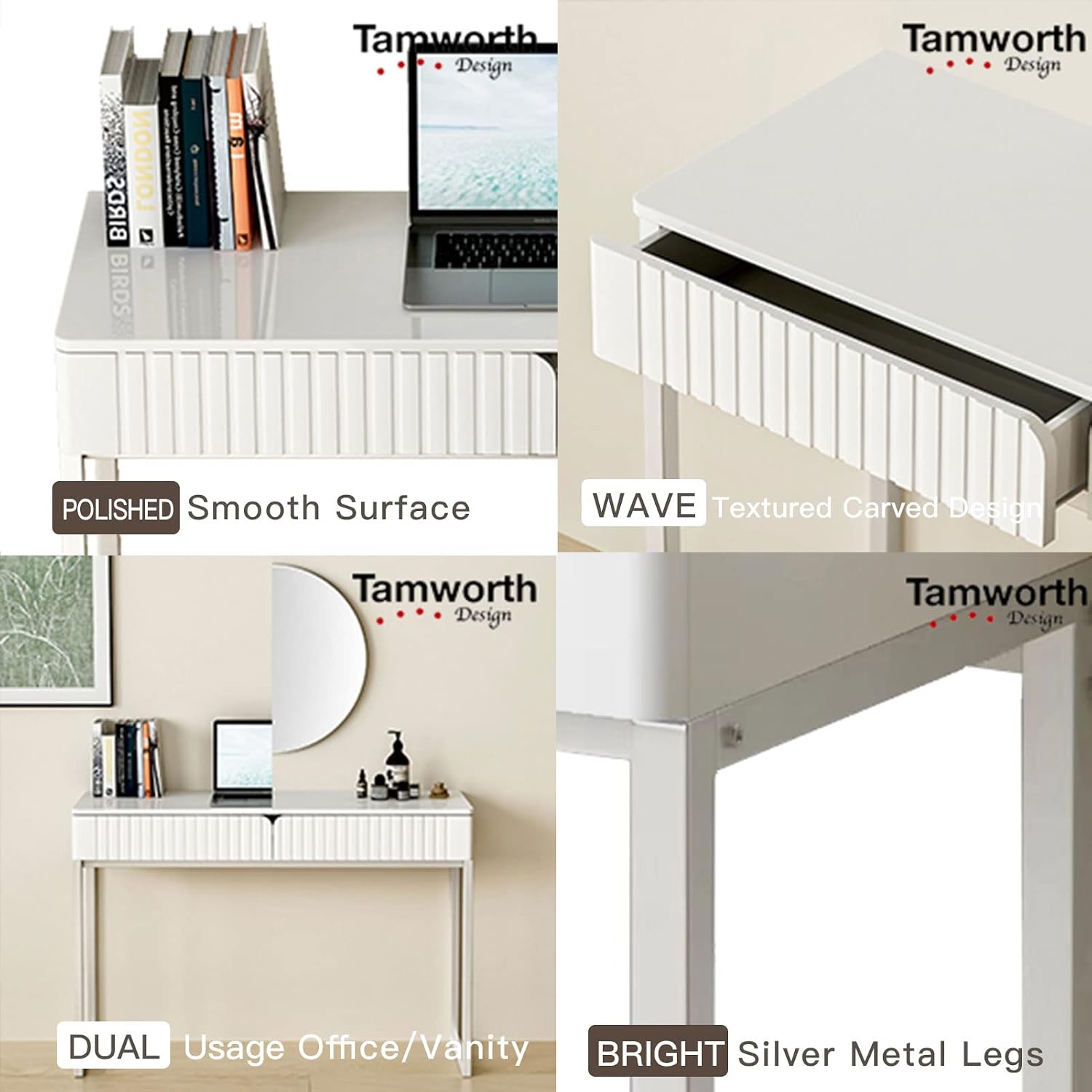 Tamworth Design Modern Multi-Purpose Desk, White & Antique Brass, 43' L x 15.75' W, 2 Large Drawers, Computer/Vanity/Study, Adult Size