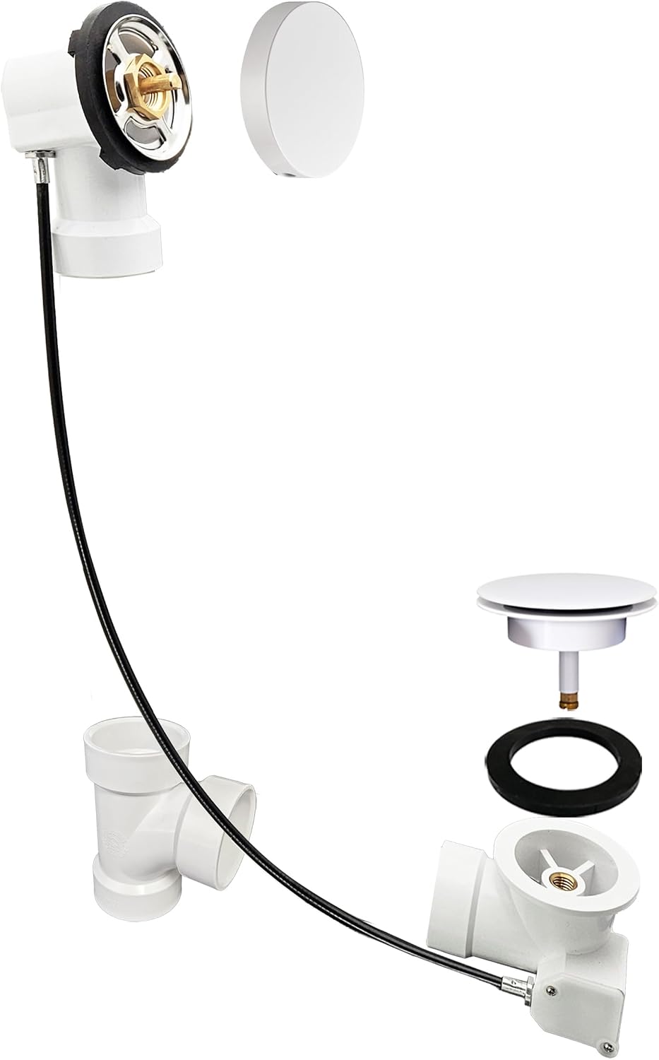 Westbrass D50P27SRE-50 27' Cable Drive Bathtub Drain Trim with Rotary Overflow Cover Knob, Pop-Up Stopper Sch. 40 PVC Fittings, Powder Coat White
