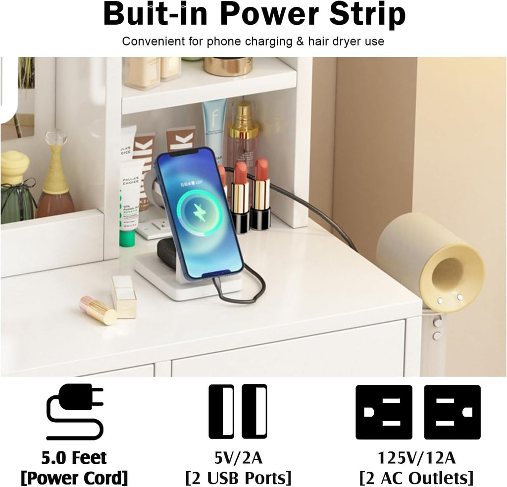 OTOQS Vanity Desk with Mirror and Lights, 4 Drawers & Benches Vanity Desk Set, 3 Color Lighting Modes Adjustable Brightness Vanity for Bedroom Makeup Table