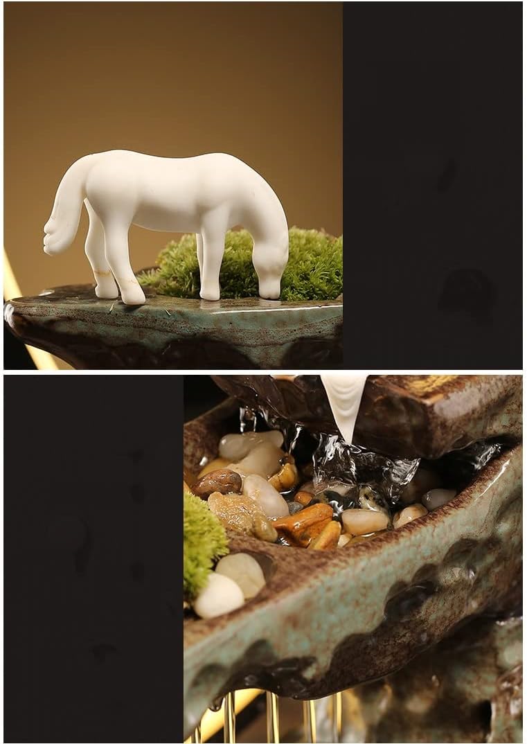 Waterfall Tabletop Fountain Flowing Water Lucky Ornament with Glass Aquarium and Lamp Ring Home Office Tabletop Decoration Indoor Fountain (Color : B)