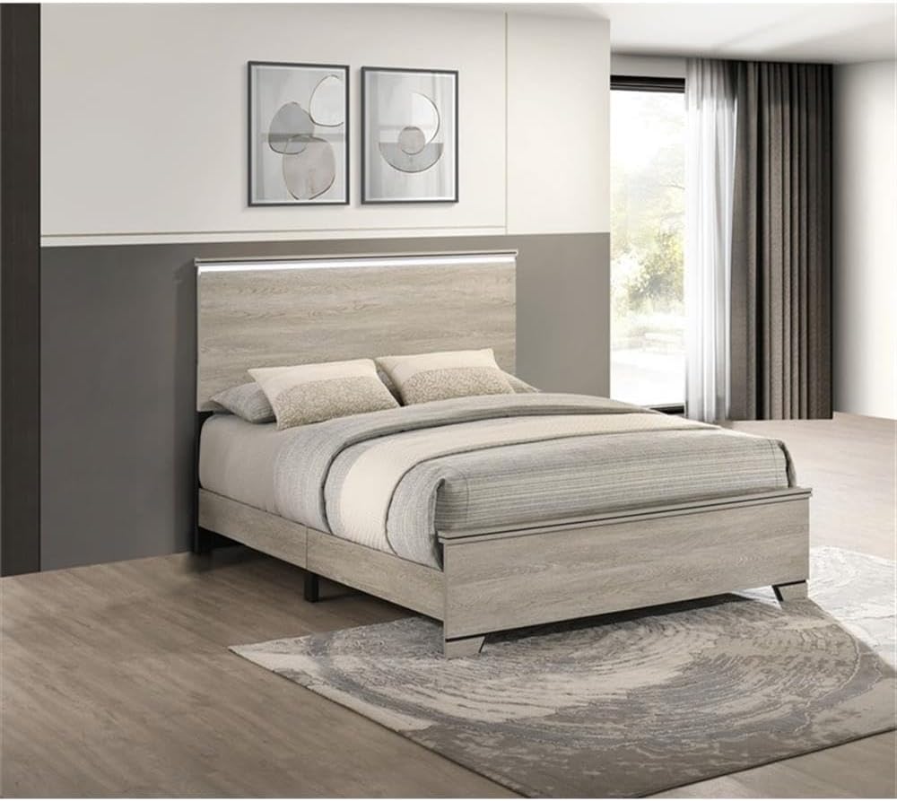 Best Quality Furniture Rustic Gray Beige Wood Queen Panel Bed Frame with LED Headboard