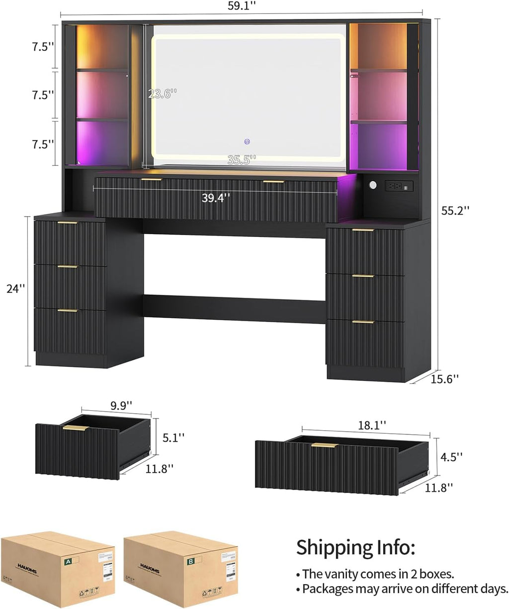 HAUOMS Big Vanity, 59.1' Fluted Wood Makeup Vanity Desk with Mirror and Sound Sync LED Lights, Large Vanity Dressing Table, 8 Drawers, 2 Glass Cabinets, with Charging Station for Girls, Women (Black)