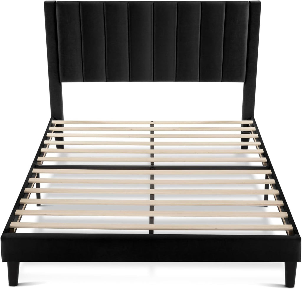 SHA CERLIN Full Bed Frame/Velvet Upholstered Platform Bed Frame with Headboard/Strong Wood Slats Support/Mattress Foundation/No Box Spring Needed - Black