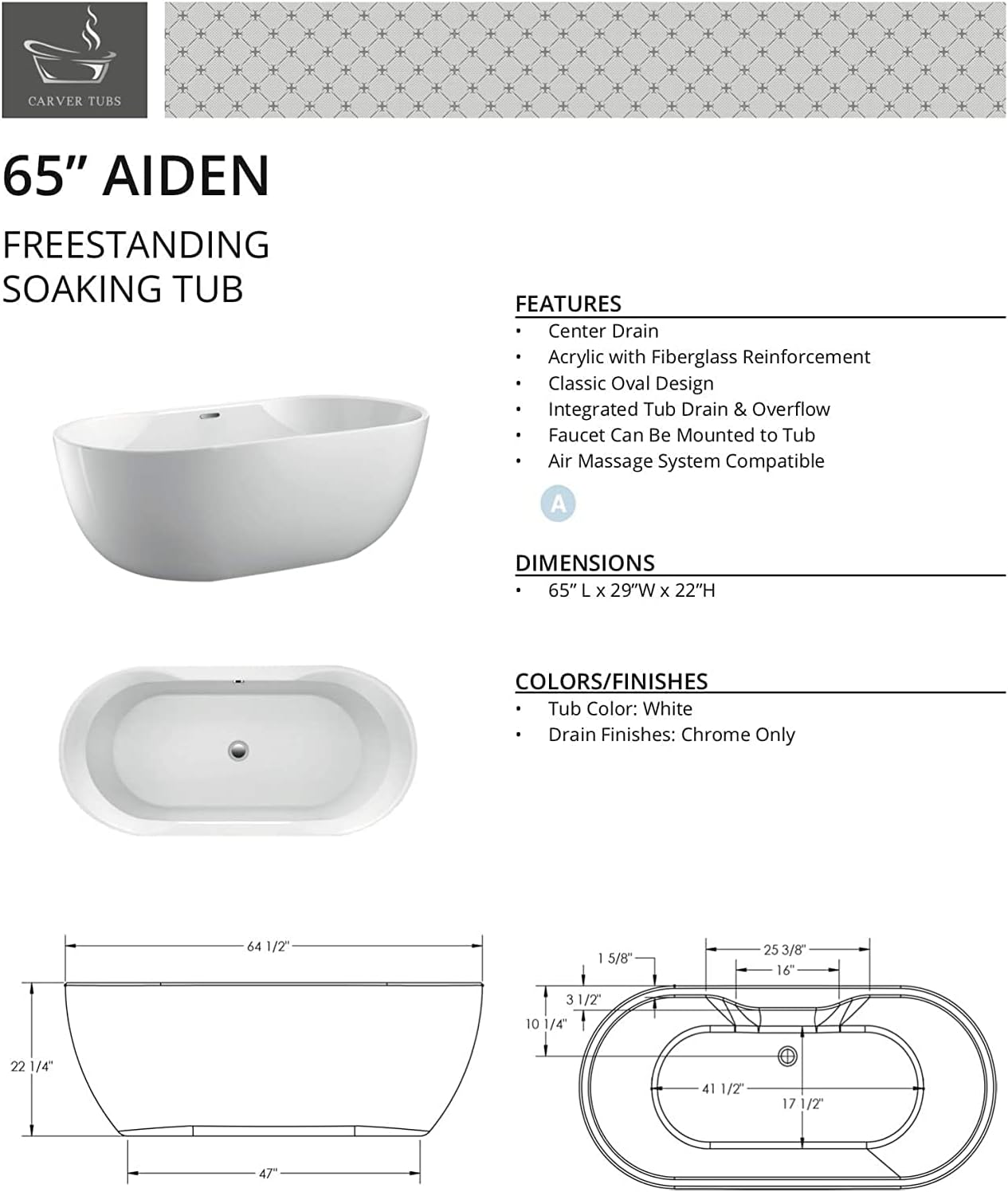 Carver Tubs - Aiden 65' - Modern White Spacious Freestanding Soaking Bathtub With Brushed Nickel Drain - White Oval shape Acrylic Fiberglass Two Person Bath Tub- 65'L x 29'W x 22'H