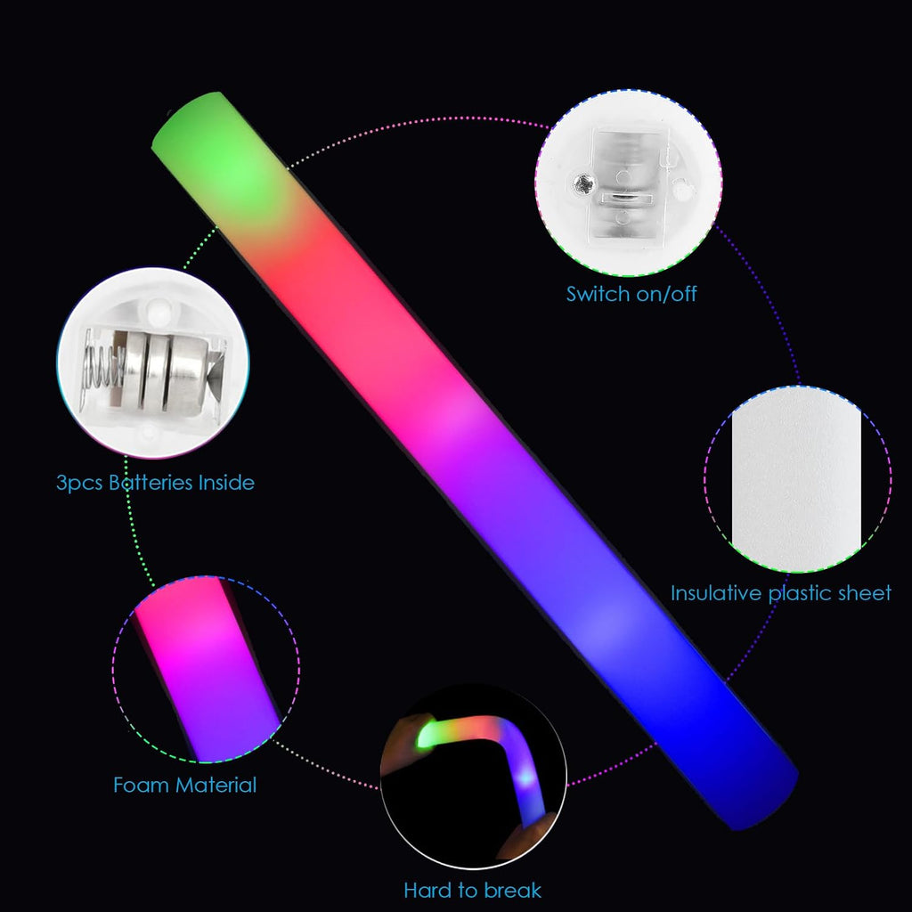EXCECAR 202PCS Foam Glow Sticks Bulk Party Pack, Foam Light Up Sticks, Light Up Foam Sticks, 3 Mode Colorful Flashing, Glow in The Dark Sticks for Wedding Halloween Christmas Concert Party Supplies