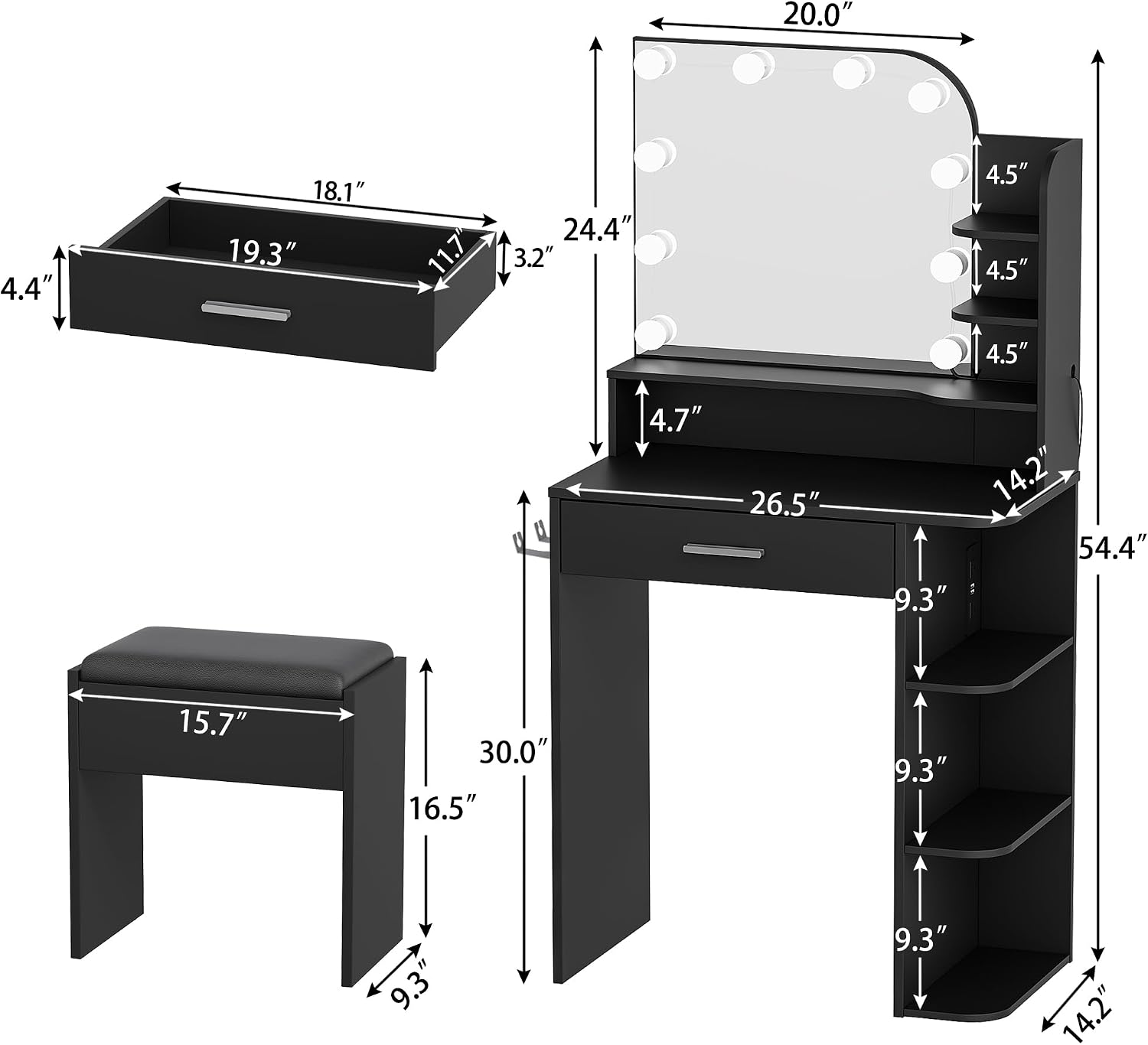 wanan Makeup Vanity with Chair, Small Vanity Desk with Mirror and Lights 3 Colors, Girls Vanity Set with Power Outlet, Compact Vanity Table for Small Space, Black
