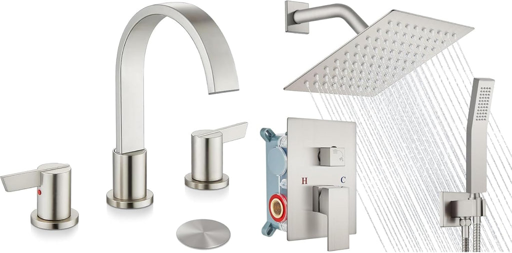 Midanya Brushed Nickel Morden Widespread Bathroom Faucet 3 Holes 2 Handles 8 Inch Vanity Faucet with 8 Inch Brushed Nickel Wall Mount Rain Shower System Square Shower Faucet Set