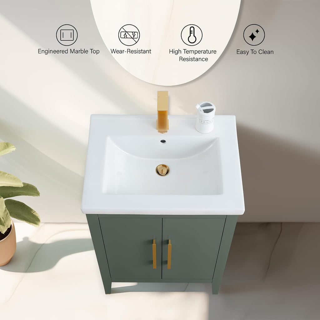 Vanity Art 24 inch Bathroom Vanity with Single Sink & Ceramic Top, Vanity Cabinet with Soft-Closing Doors, Solid Wood Frame, Vintage Green, VA9024-VG-BN1