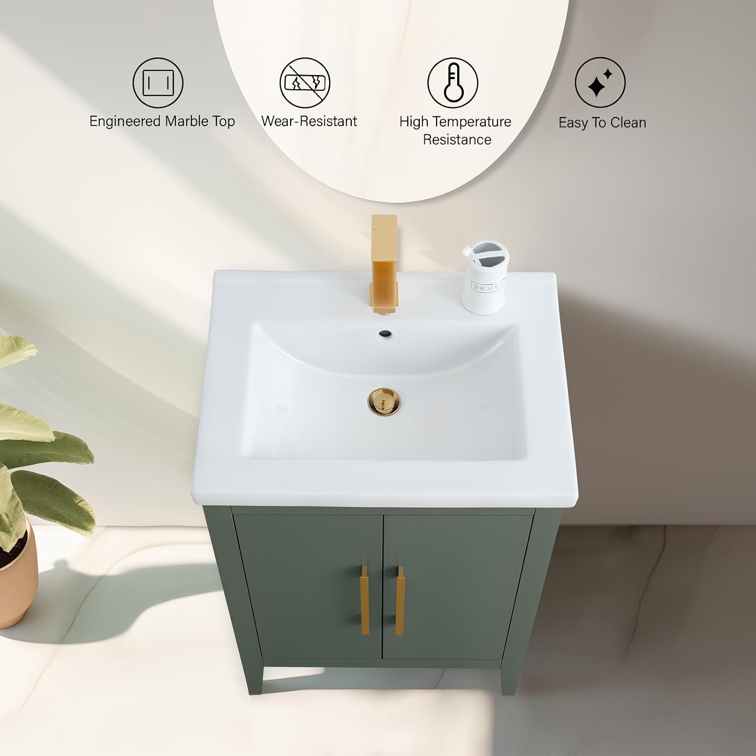 Vanity Art 24 inch Bathroom Vanity with Single Sink & Ceramic Top, Vanity Cabinet with Soft-Closing Doors, Solid Wood Frame, Vintage Green, VA9024-VG-BN1