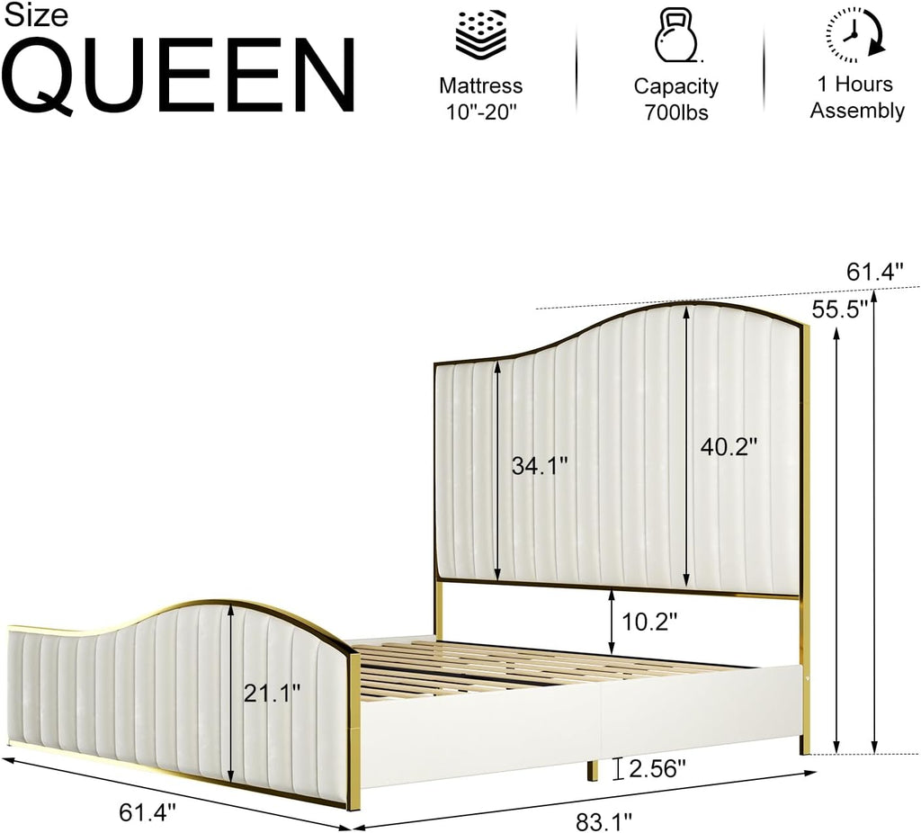 HOWE Queen Size Harp Bed Frame with 61.4' Extra Tall Curved Headboard, Velvet Upholstered Platform Bed with Gold Trim Accented Footboard, No Box Spring Needed, Wooden Slat Support, Cream