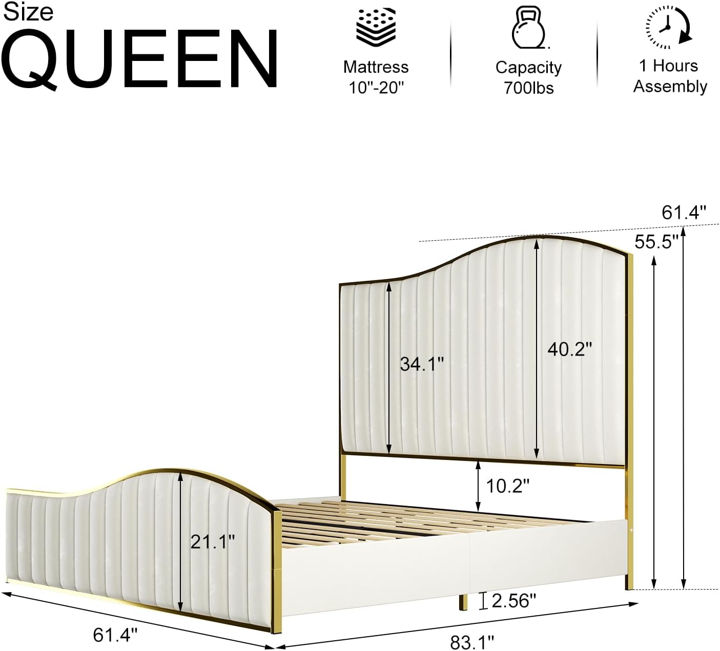 HOWE Queen Size Harp Bed Frame with 61.4' Extra Tall Curved Headboard, Velvet Upholstered Platform Bed with Gold Trim Accented Footboard, No Box Spring Needed, Wooden Slat Support, Cream