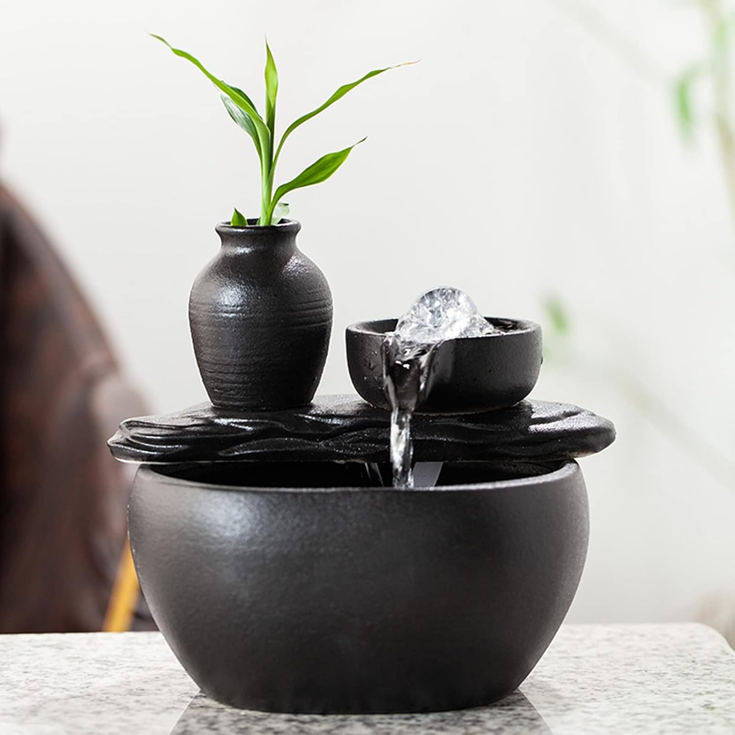 Indoor Fountain Ceramic Tabletop Fountain Ornaments Circulating Water Small Fish Tank Fountain Ceramic Pot Fountain for Indoor and Home Decoration Table Desk Office Patio