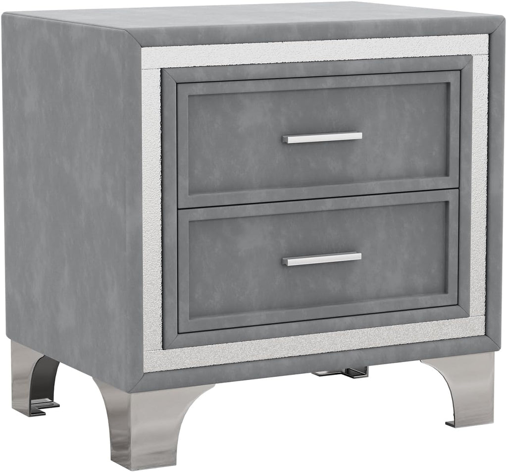 VilroCaz Elegant Velvet Design 3-Pieces Bedroom Sets, Modern Full Size Platform Bed with 2 Nightstands, Bedside Table, Rivet Design Tufted Headboard (Grey-CB, Full)