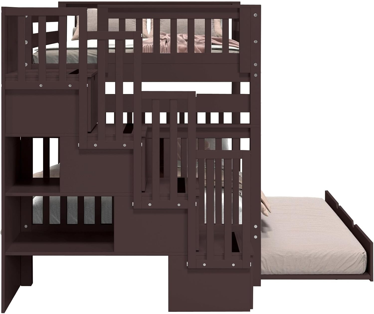Bedz King Stairway Bunk Beds Full Over Full with 4 Drawers in the Steps and a Full Trundle, Dark Cherry