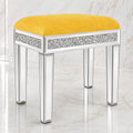 Vanity Stool with Storage – Mirrored Legs, Velvet Cushioned Ottoman, Hidden Compartment, Sparkling Diamond Trim, Glam Makeup Chair & Piano Bench - Silver & Yellow