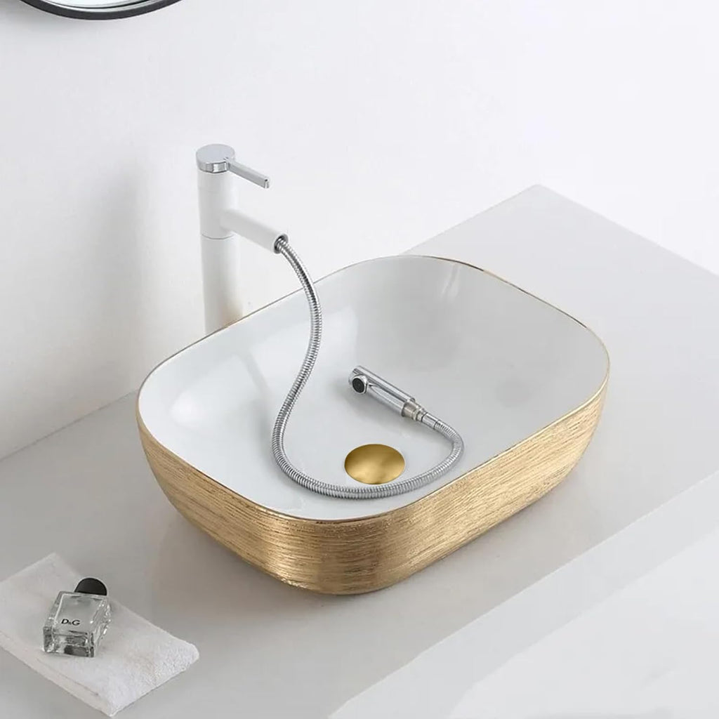 Strictly Sinks 19 Inch Rectangular Gold & White Ceramic Countertop Vessel Sink Easy to Install Above Counter Luxurious Bathroom Sink (19-3/4' W x 16' L x 6'H)