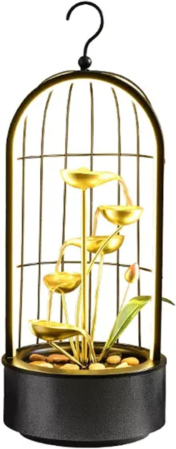 Desktop Fountain Tabletop Fountain, Water Fall Indoors, Desktop 5-Tier Indoor Relaxation Fountains Waterfall, Black Birdcage Decoration Design for Spaces