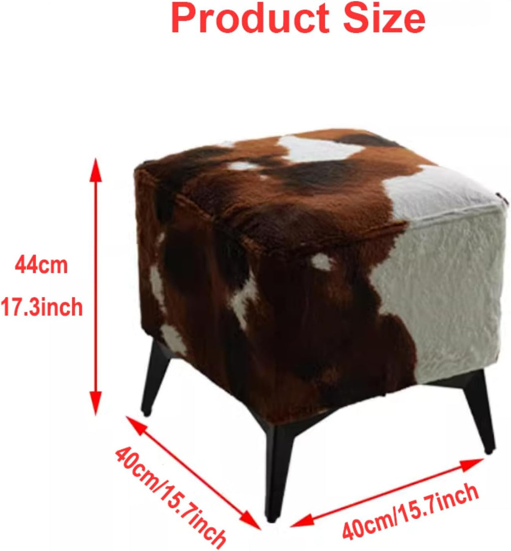 Square Footstool Ottoman,Vanity Stool Chair with Metal Leg,Furry Faux Cowhide Shoe Changing Bench for Vanity Entryway Bathroom Living Room Bedroom(17.3 * 15.7 * 15.7inch, Zebra)