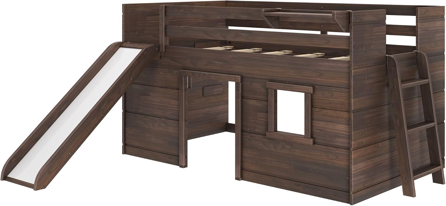 Max & Lily Modern Farmhouse Low Loft (Twin), with Slide, Barnwood Brown