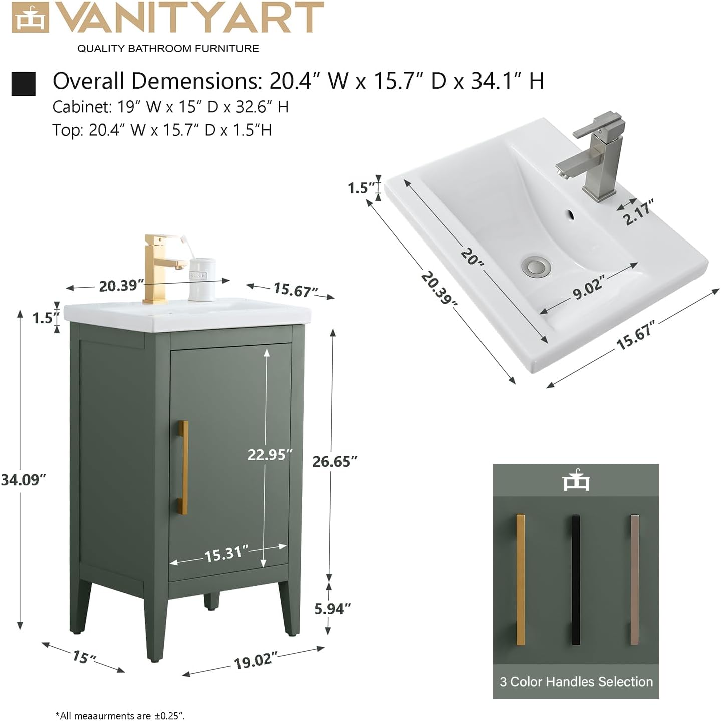 Vanity Art 20 inch Bathroom Vanity with Single Sink & Ceramic Top, Vanity Cabinet with Soft-Closing Doors, Solid Wood Frame, Vintage Green, VA9020-VG-BN1