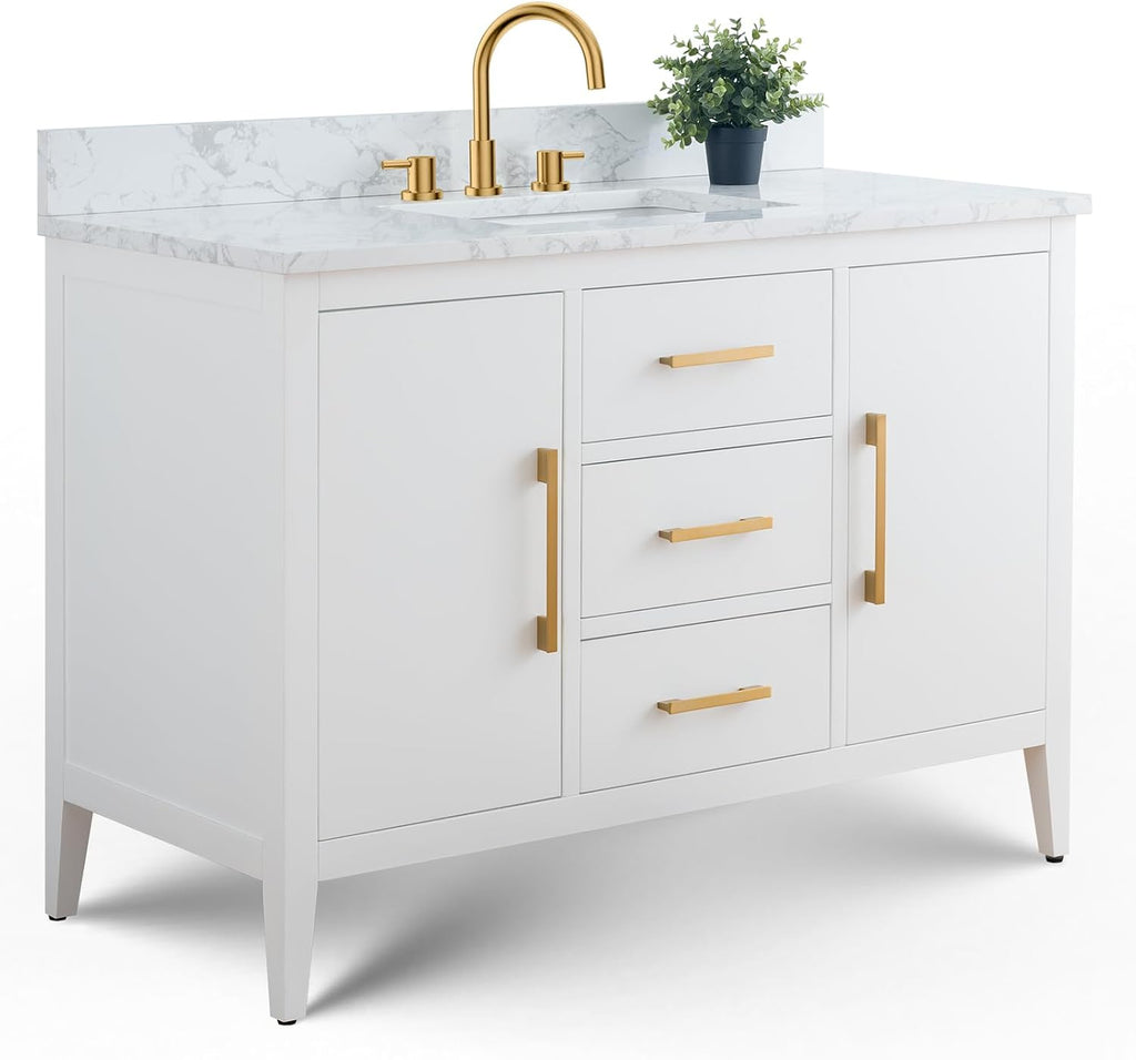 Vanity Art 48 inch Bathroom Vanity with Single Sink & Ceramic Top, Solid Wood, Vanity Cabinet with Soft-Closing Doors, Drawers, White, Golden Brushed Handware