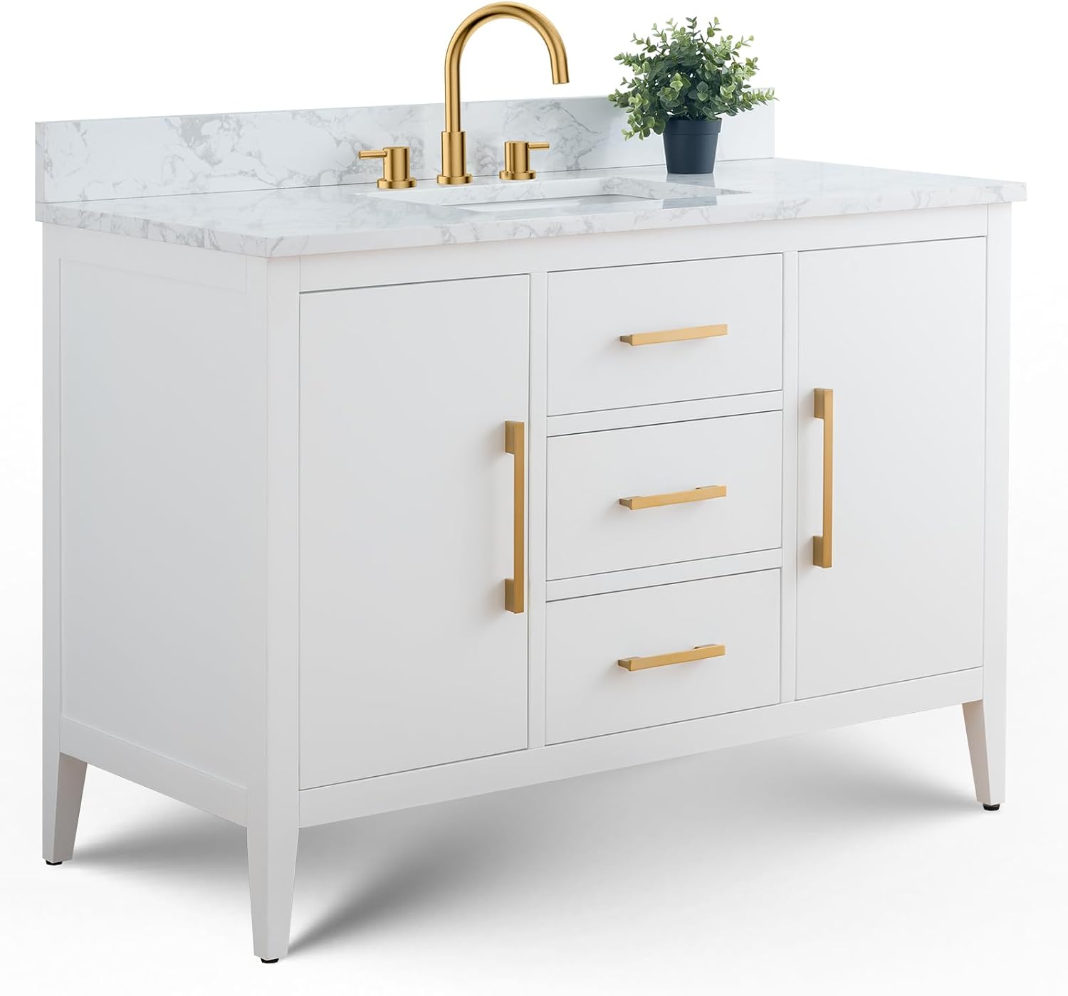 Vanity Art 48 inch Bathroom Vanity with Single Sink & Ceramic Top, Solid Wood, Vanity Cabinet with Soft-Closing Doors, Drawers, White, Golden Brushed Handware