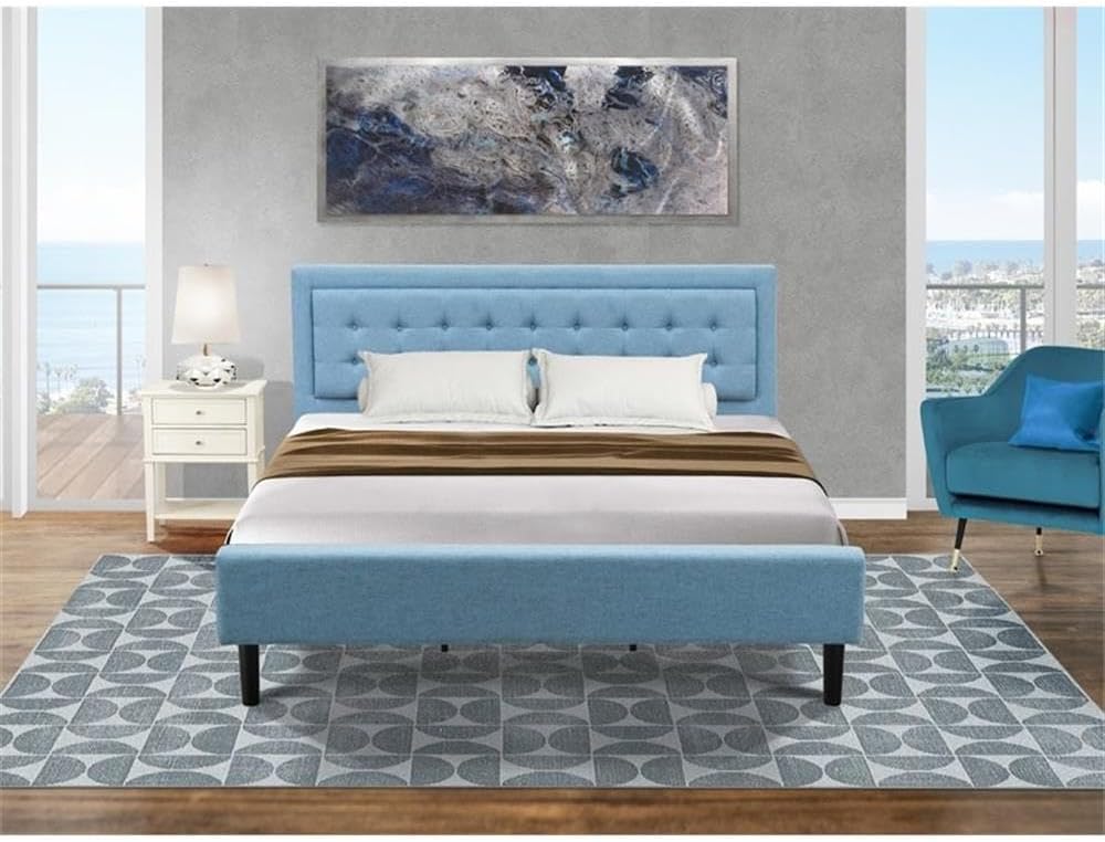 East West Furniture FN11K-1VL0C 2-Piece Platform Bed Set with 1 King Size Bed and a Small Nightstand - Reliable and Durable Construction - Denim Blue Linen Fabric