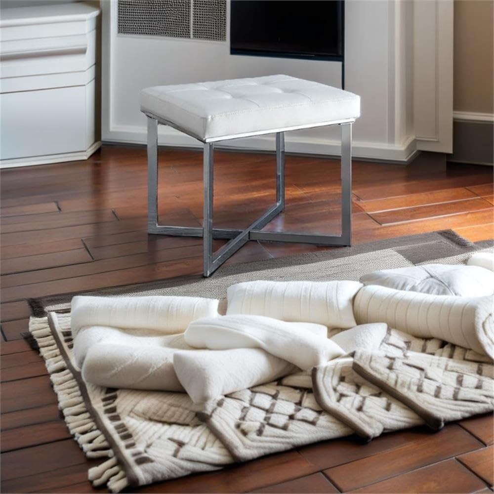 Pemberly Row 19' H Modern Faux Leather Summer Vanity Bench with Metal Base, Tufted Seat Cushion, X-Leg, in White & Chrome Finish