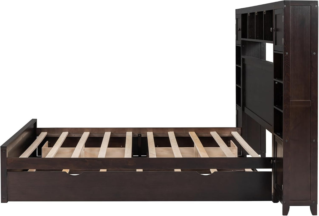 Polibi Queen Size Bed Frame with Bookcase Headboard,2 Storage Drawers and Trundle,Wooden Platform Bed Queen Size with All-in-One Cabinet, Shelf and Sockets,Espresso