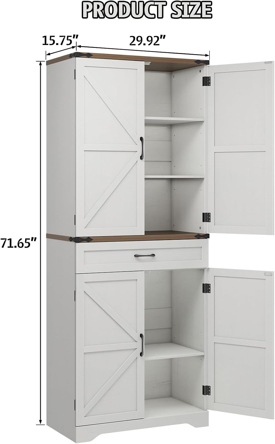 Halitaa 72' Tall Farmhouse Pantry Storage Cabinet with Organizer - Large Capacity Freestanding Cupboard for Kitchen, Dining Room, Living Room, White
