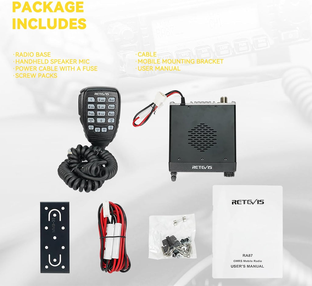 Retevis RA87 GMRS Mobile Radio, High Power Mobile Transceiver Base Station with Cable, 8 Repeater Channels, Chirp, Dual Watch, Long Range Two Way Radio for Off-Road(Black 1Pack)