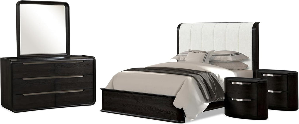 Furniture of America Teada Modern Solid Wood 5-Piece Bedroom Set with Padded Curved Headboard, Oval Nightstand, Felt-Lined Top and UV-Stained Lower Drawers, Box Spring Needed, King, Black