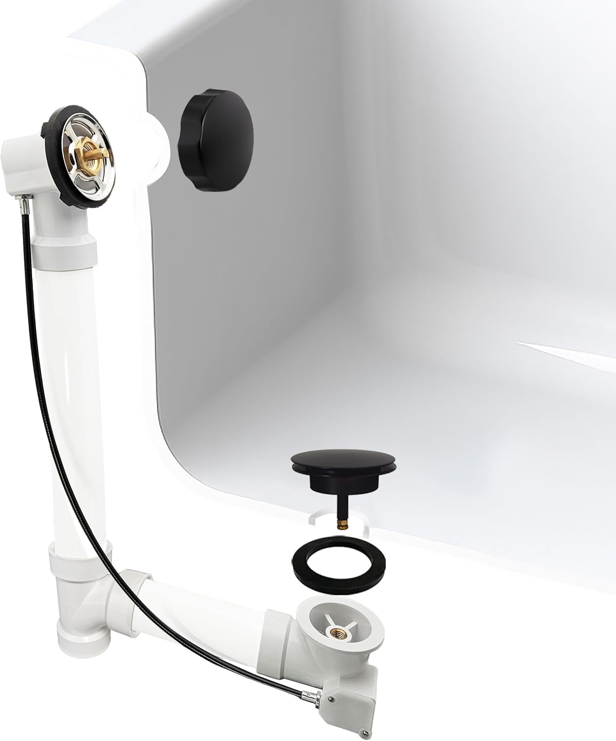 Westbrass A50P45-62 45' SCH. 40 PVC Cable Driven Bath Drain Trim Kit with Rotary Overflow Cover Knob and Pop-Up Stopper, Matte Black
