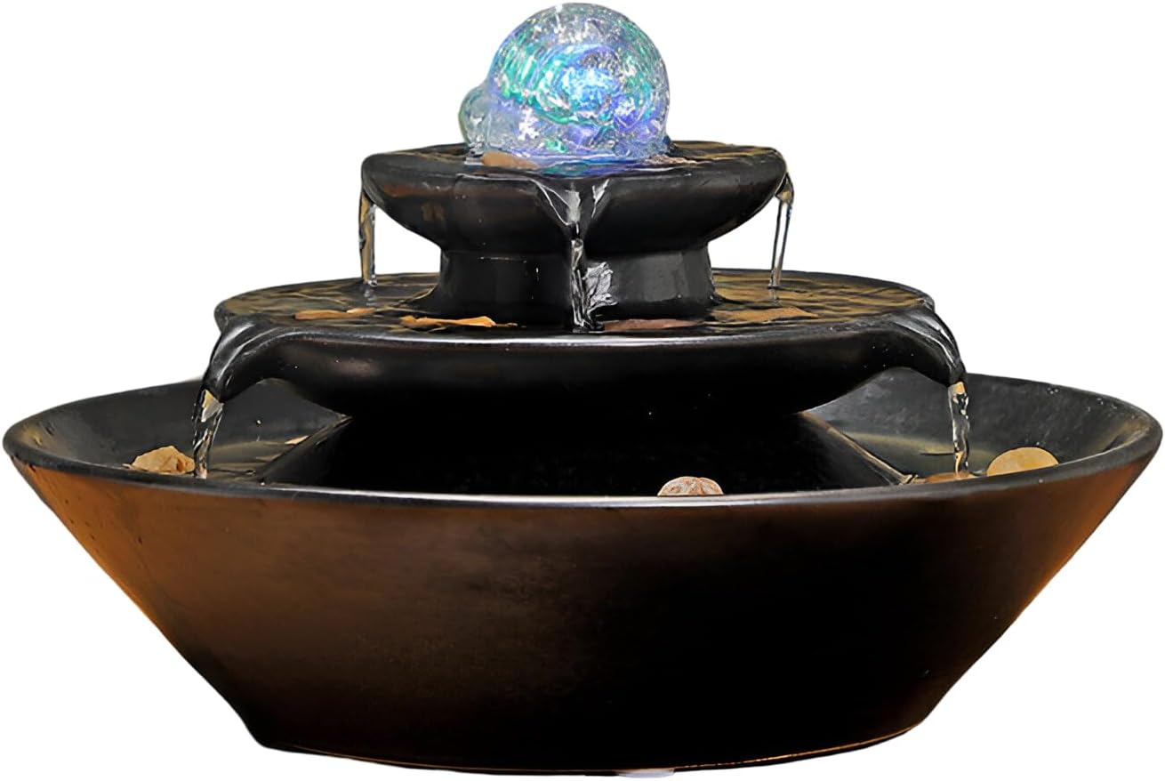 11.8' Indoor Tabletop Fountain, Ceramic Multi-Tier Waterfall with Crystal Ball & Fish Tank Feature, Free 10pcs Natural Crystals, Zen Home/Office/Entryway Decor, Housewarming Gift(Black)