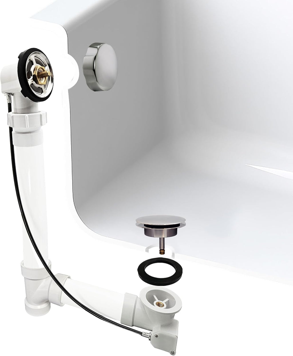 Westbrass D50P27BJ-05 27' Cable Drive Standard Bath Drain Trim Kit with Rotary Overflow Cover Knob on a Ball Joint Elbow, Pop-Up Stopper and Sch. 40 PVC Fittings, Polished Nickel
