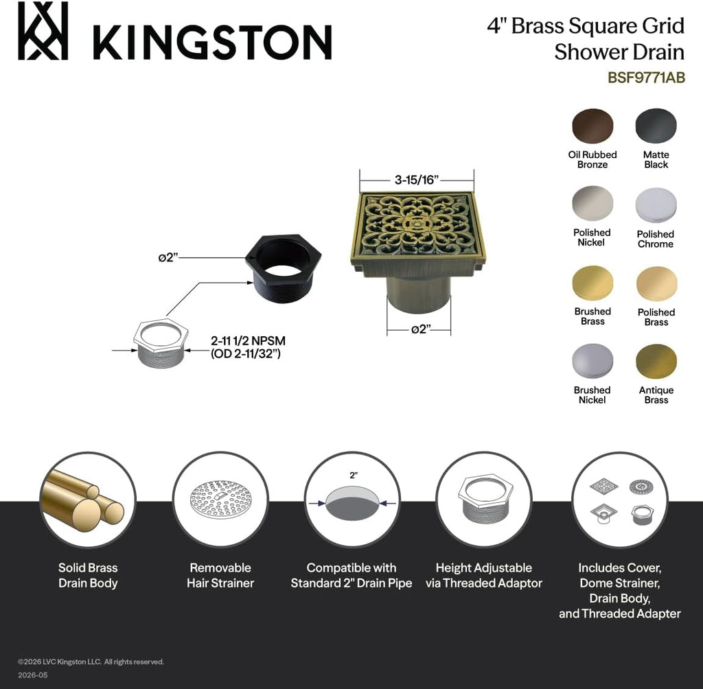 Scroll 4' Brass Square Grid Shower Drain with Hair Strainer, Oil Rubbed Bronze