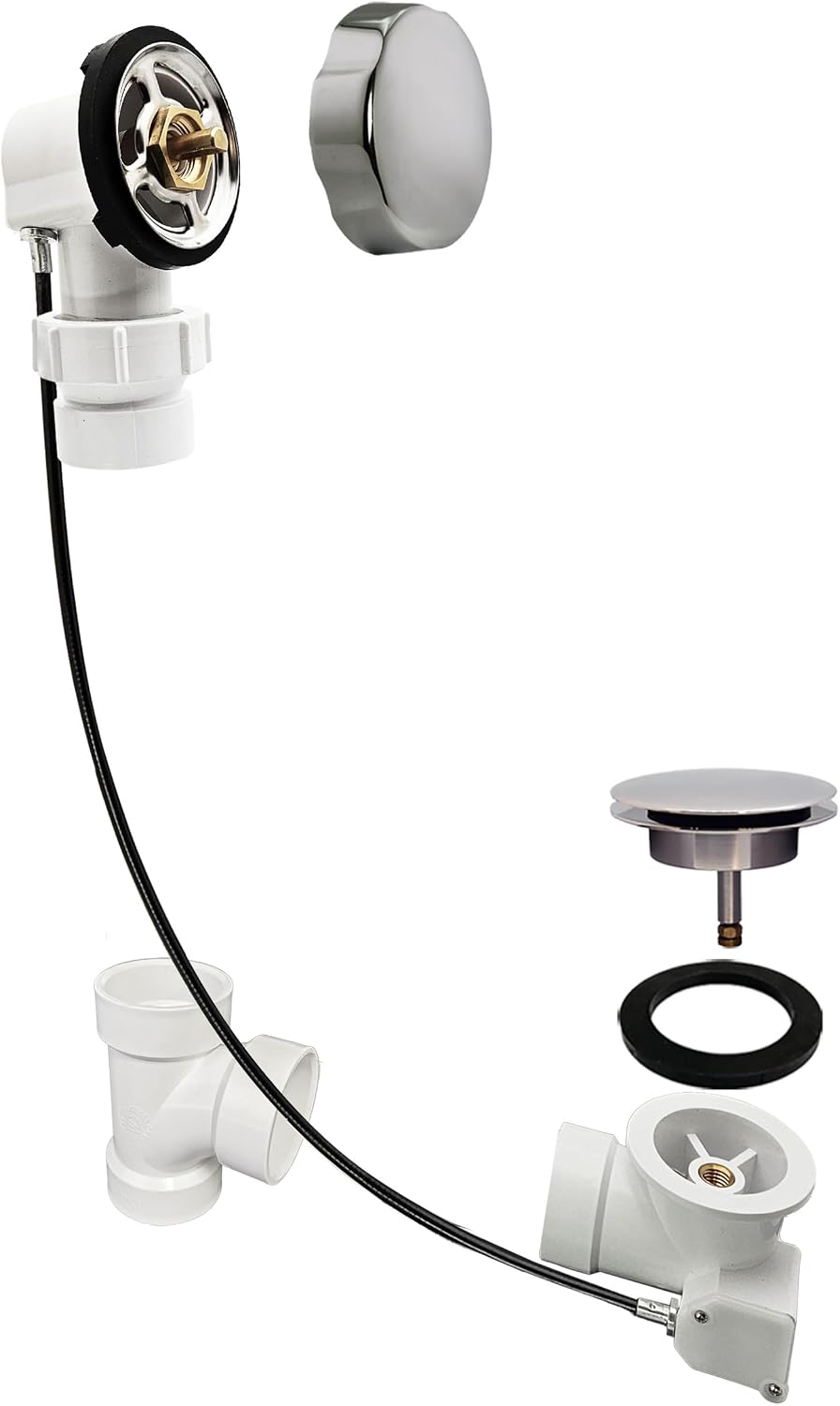 Westbrass D50P27BJ-05 27' Cable Drive Standard Bath Drain Trim Kit with Rotary Overflow Cover Knob on a Ball Joint Elbow, Pop-Up Stopper and Sch. 40 PVC Fittings, Polished Nickel