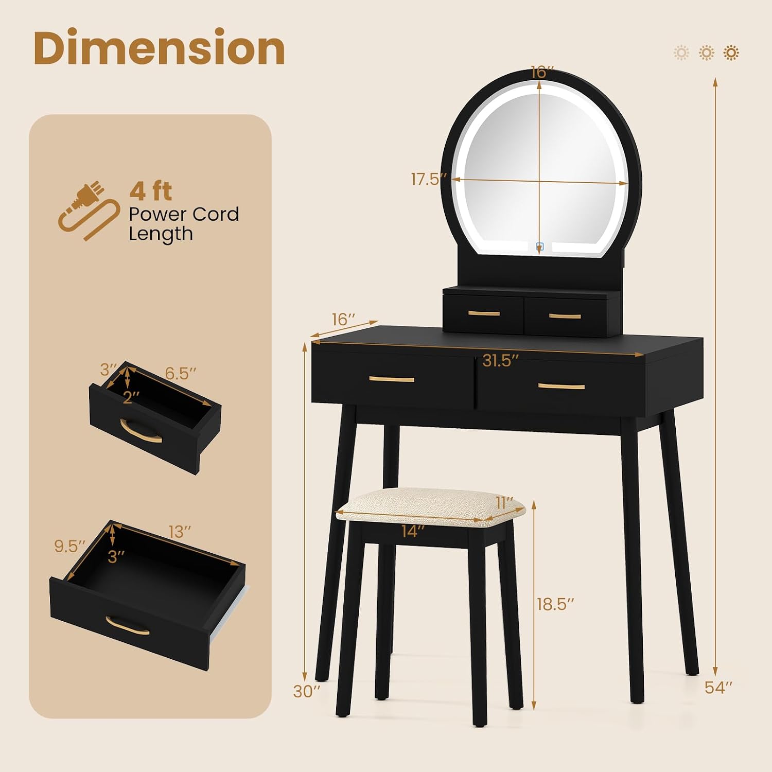 COSTWAY Small Vanity Desk with Mirror and Lights, Makeup Table with 4 Drawers, Vanity Stool, Round Lighted Mirror, 3 Color Modes, Dressing Table Set for Bedroom Small Space (Black)