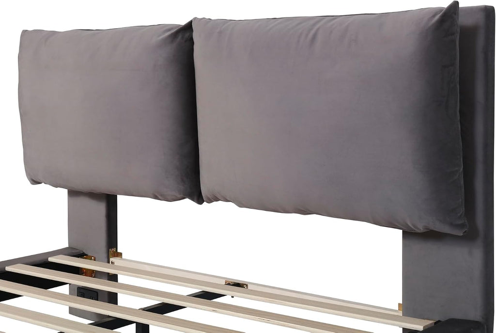 Ball & Cast Queen Size Floating Bed Frame,Velvet Upholstered Platform Bed with Sensor Light and 2 Large Backrests,Two Sets of USB Port,Slat Support,No Box Spring Needed,for Apartment,Bedroom,Gray