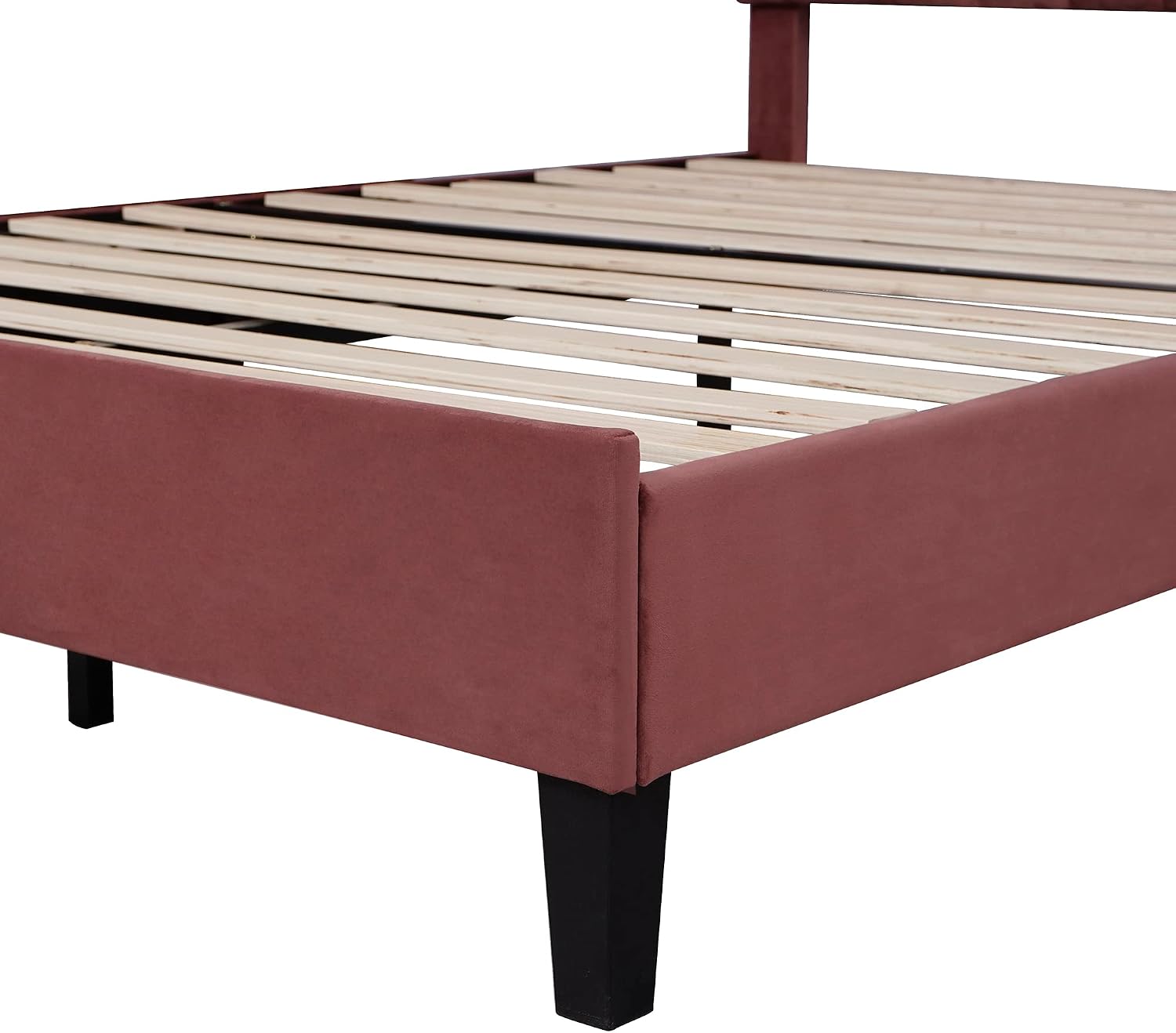 Harper & Bright Designs Full Size Upholstered Platform Bed with Flower Pattern Velvet Headboard, Bean Paste Red