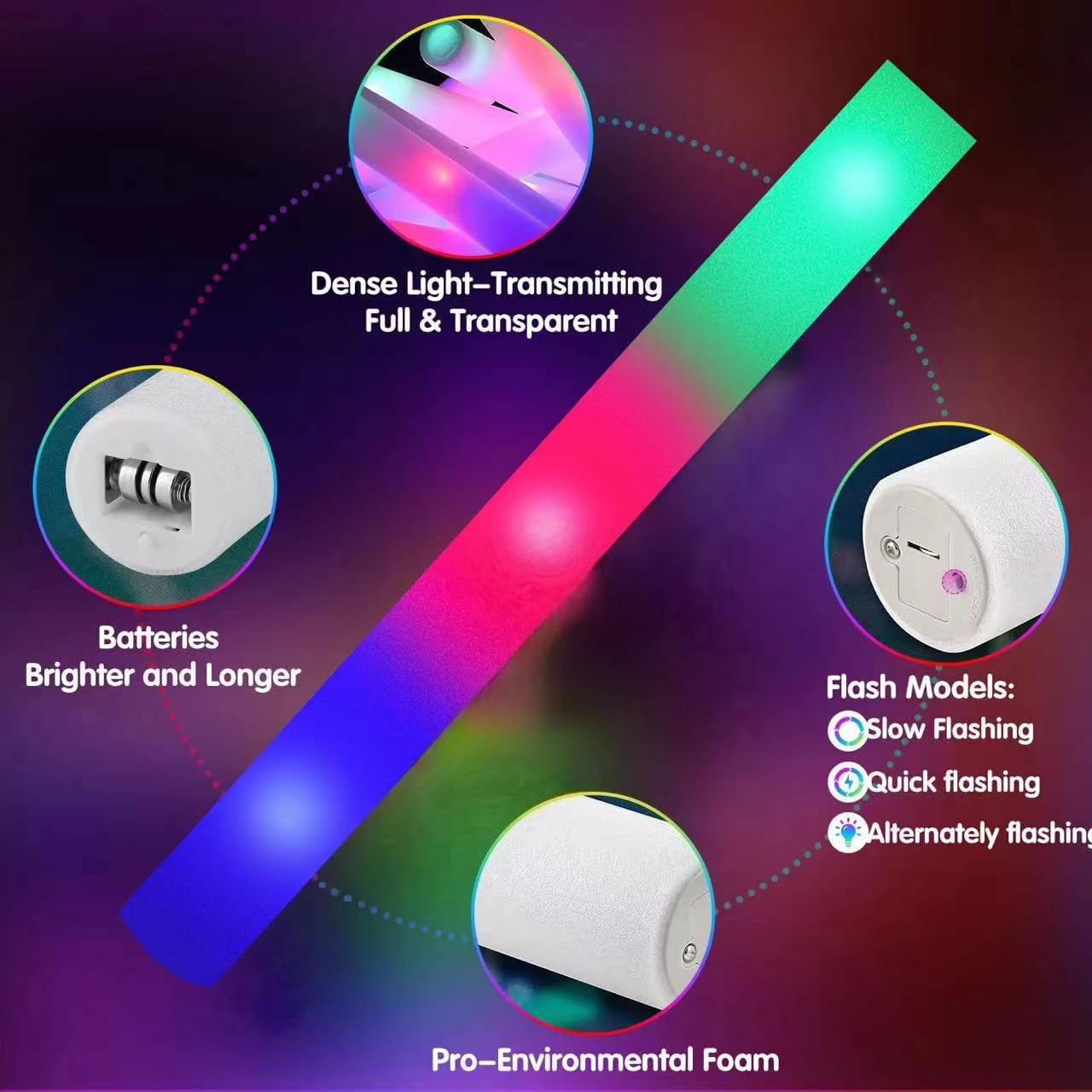SHQDD 174PCS LED Foam Glow Sticks, Foam Light up Sticks Bulk Party Pack with 3 Modes Colorful Flashing, Glow in The Dark Party Supplies for Parties, Wedding, July 4th, Birthday,Raves,Concert,New Year