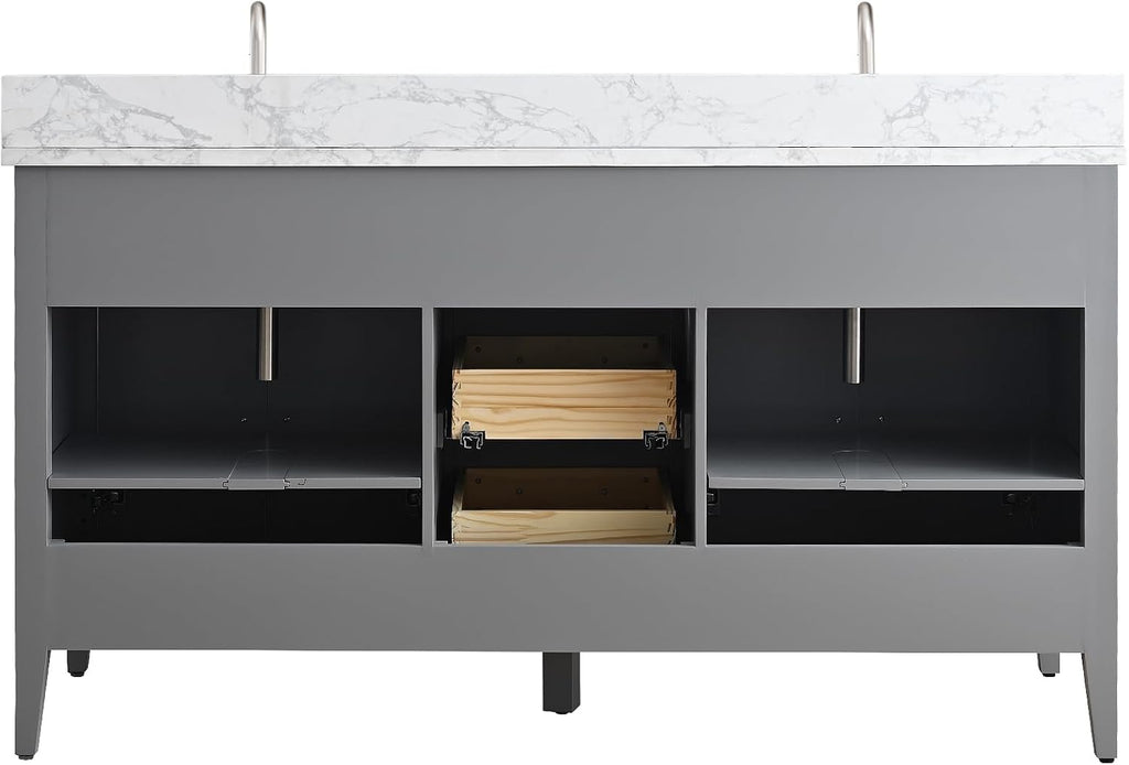 Vanity Art 60 inch Bathroom Vanity with Double Sink & Ceramic Top, Vanity Cabinet with Soft-Closing Doors, Drawers, Solid Wood Frame, Cashmere Gray,VA9060-DG-BN1