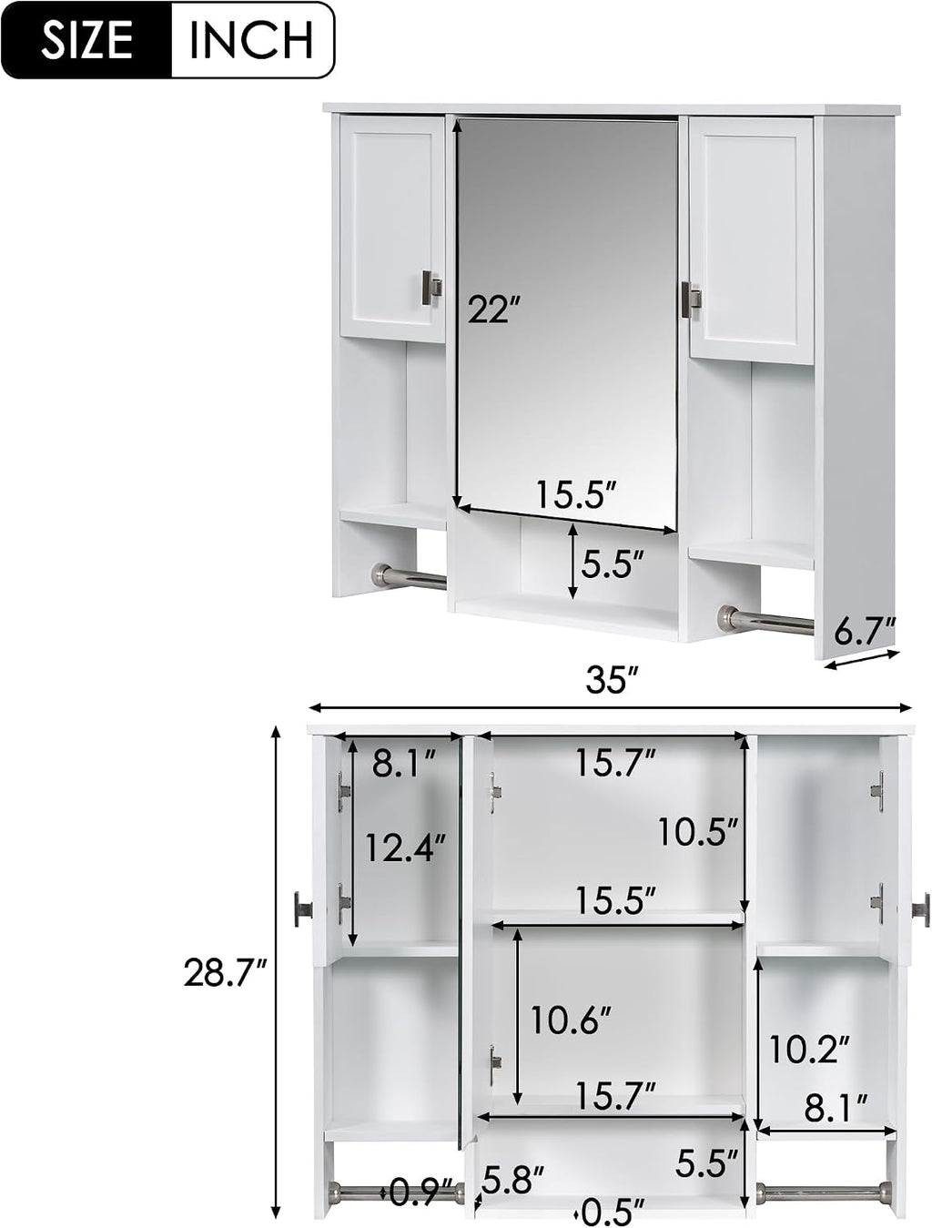 Merax Medicine Cabinet with Mirror, Wall Mount Bathroom Cabinet 35' x 28' Over Toilet Storage Cabinet Organizer with Doors, Open Shelves, and Towel Bars, Mirrored Bathroom Wall Cabinet