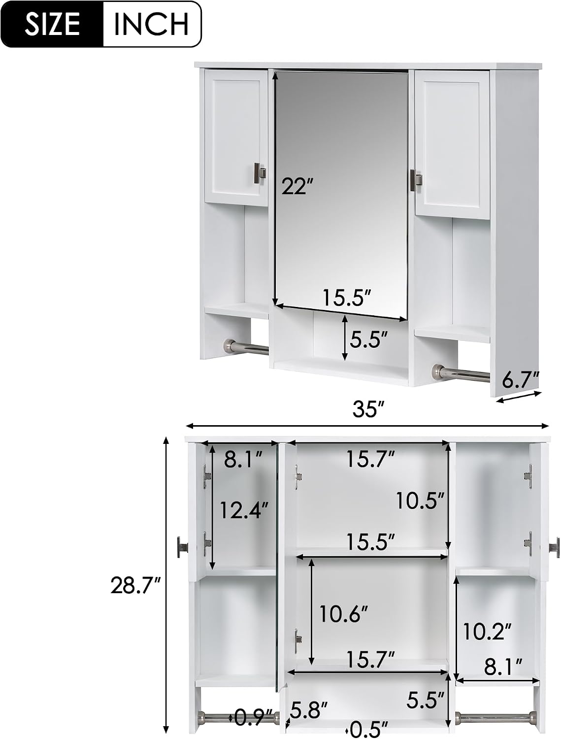 Merax Medicine Cabinet with Mirror, Wall Mount Bathroom Cabinet 35' x 28' Over Toilet Storage Cabinet Organizer with Doors, Open Shelves, and Towel Bars, Mirrored Bathroom Wall Cabinet