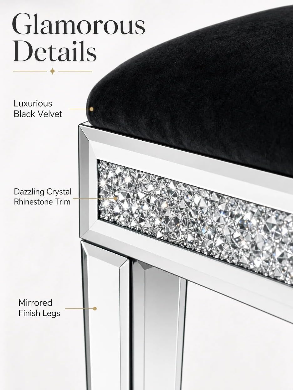 Vanity Stool with Storage, Velvet Upholstered Ottoman with Mirrored Legs, Hidden Storage Compartment, Diamond Trim Glam Makeup Chair & Piano Bench