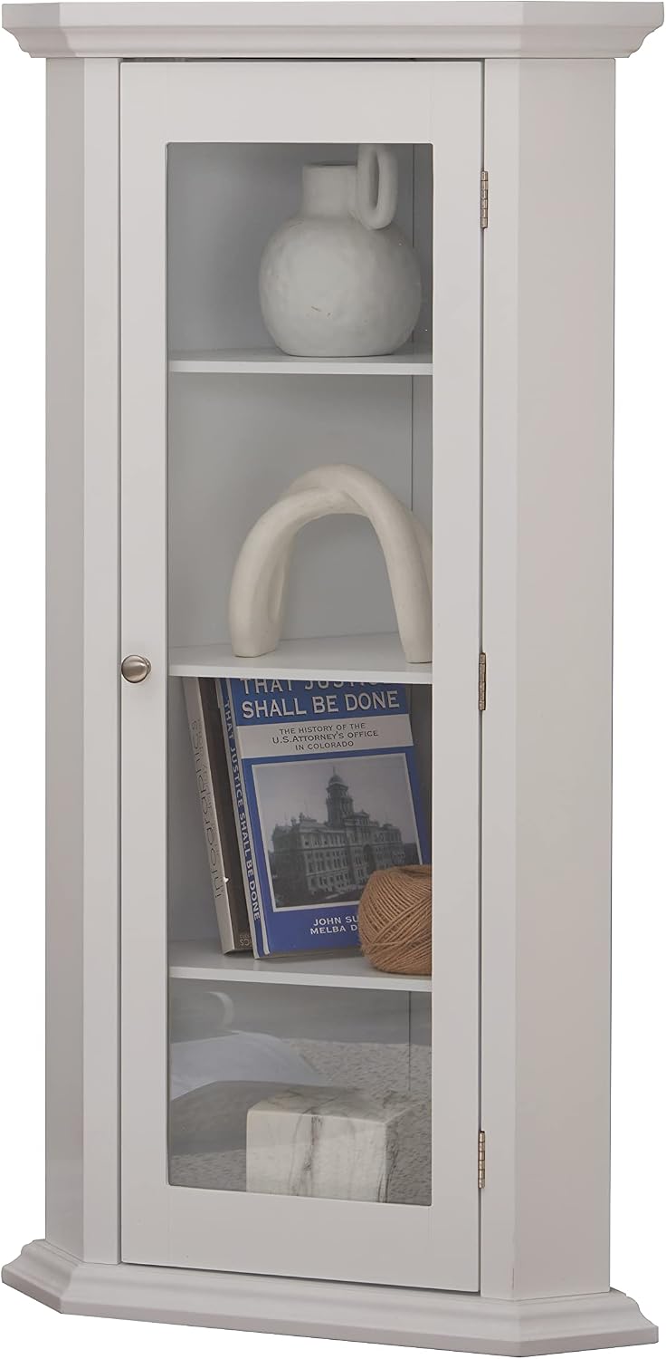 Kings Brand Furniture - Corner Curio Storage Cabinet with Glass Door, White Finish