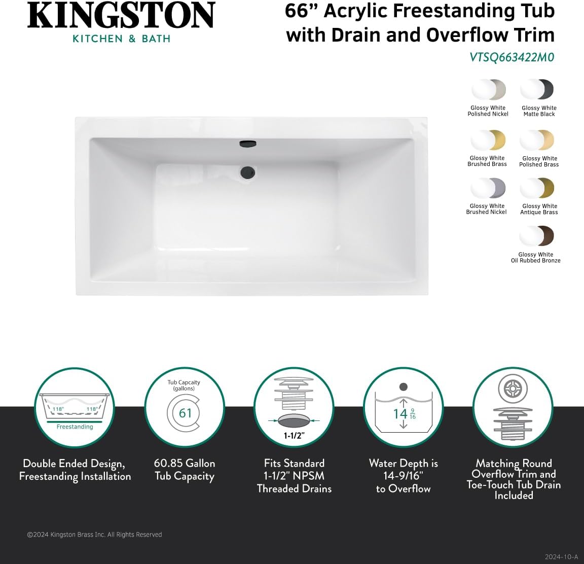 Kingston Brass VTSQ663422M5 66' Acrylic Rectangular Double Ended Freestanding Tub with Overflow/Drain Assembly, Glossy White/Oil Rubbed Bronze