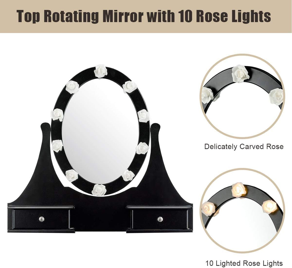 Giantex Vanity Set with Lighted Mirror, Makeup Table with 10 Rose Light, Modern Dressing Desk with Cushioned Stool, 3 Drawers and 360° Rotating Mirror for Bedroom, Vanity Table with Stool (Black)